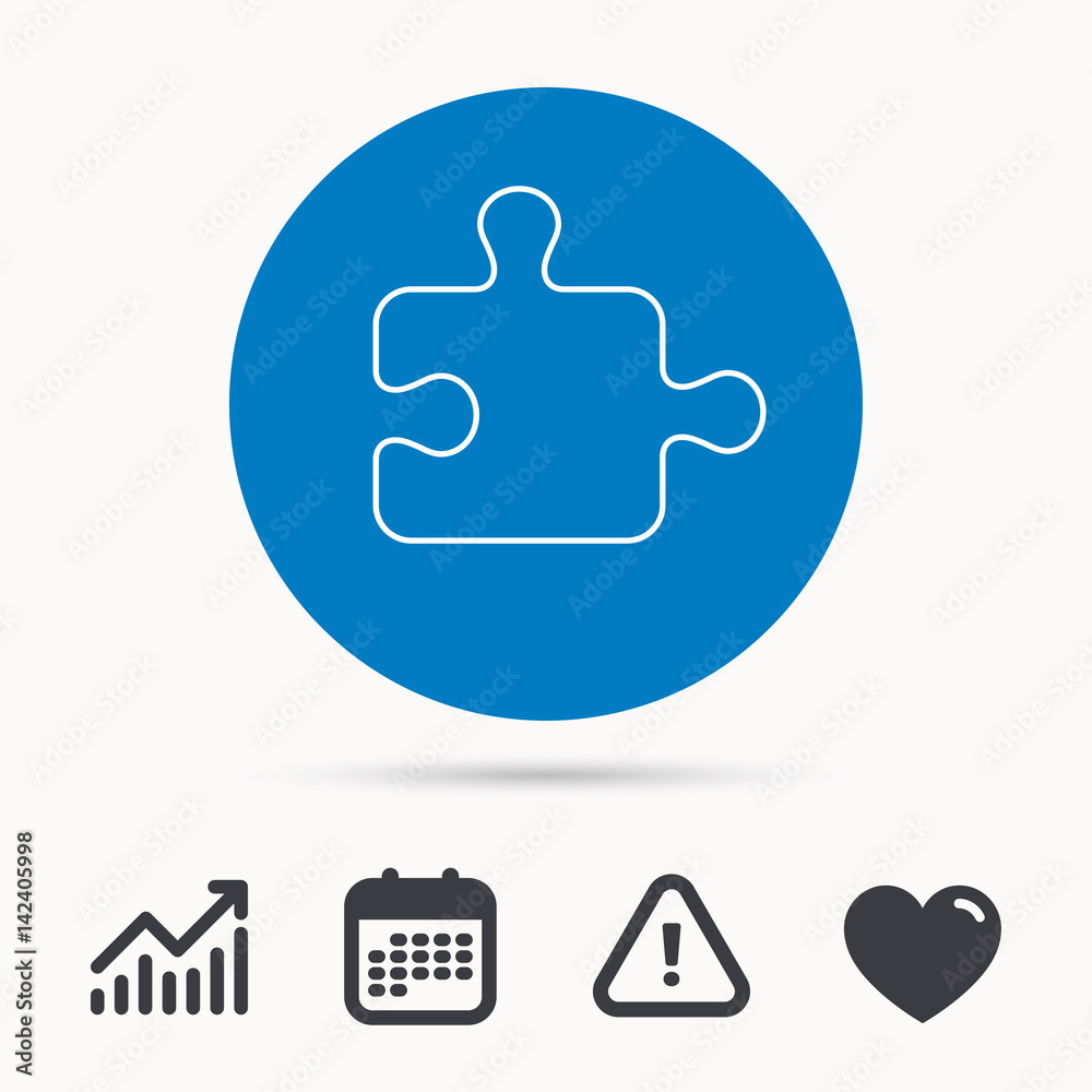 Puzzle icon. Jigsaw logical game sign. Boardgame piece symbol. Calendar, attention sign and growth chart. Button with web icon. Vector Puzzle icon. Jigsaw logical game sign. Boardgame piece symbol. Calendar, attention sign and growth chart. Button with web icon. Vector