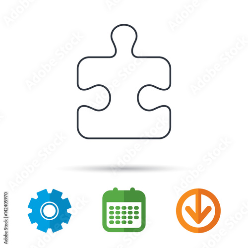 Puzzle icon. Jigsaw logical game sign. Boardgame piece symbol. Calendar, cogwheel and download arrow signs. Colored flat web icons. Vector