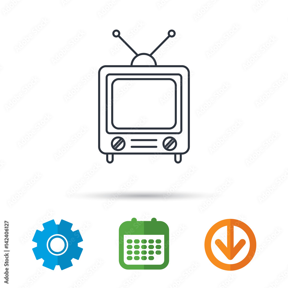 Retro tv icon. Television with antenna sign. Calendar, cogwheel and ...