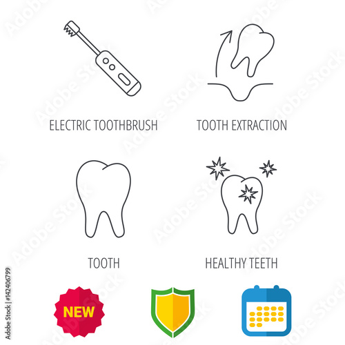 Tooth extraction, electric toothbrush icons. Healthy teeth linear sign. Shield protection, calendar and new tag web icons. Vector