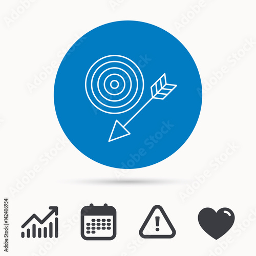 Target with arrow icon. Dart aim sign. Calendar, attention sign and growth chart. Button with web icon. Vector