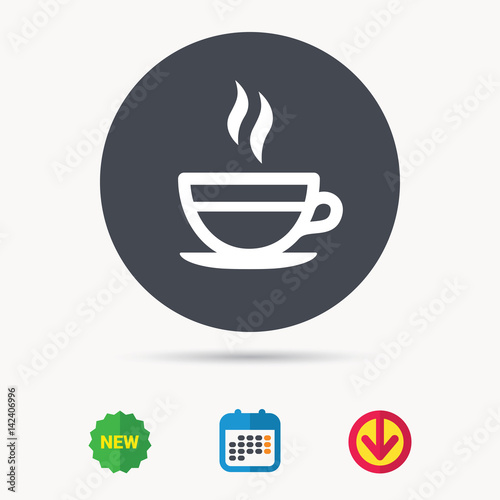 Tea cup icon. Hot coffee drink symbol. Calendar  download arrow and new tag signs. Colored flat web icons. Vector