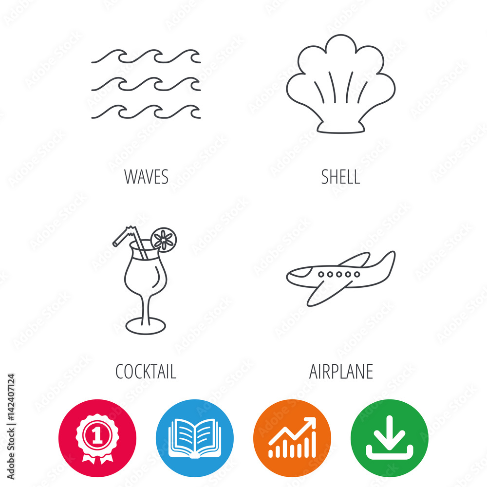 Shell, waves and cocktail icons. Airplane linear sign. Award medal, growth chart and opened book web icons. Download arrow. Vector