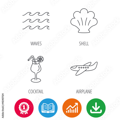 Shell  waves and cocktail icons. Airplane linear sign. Award medal  growth chart and opened book web icons. Download arrow. Vector