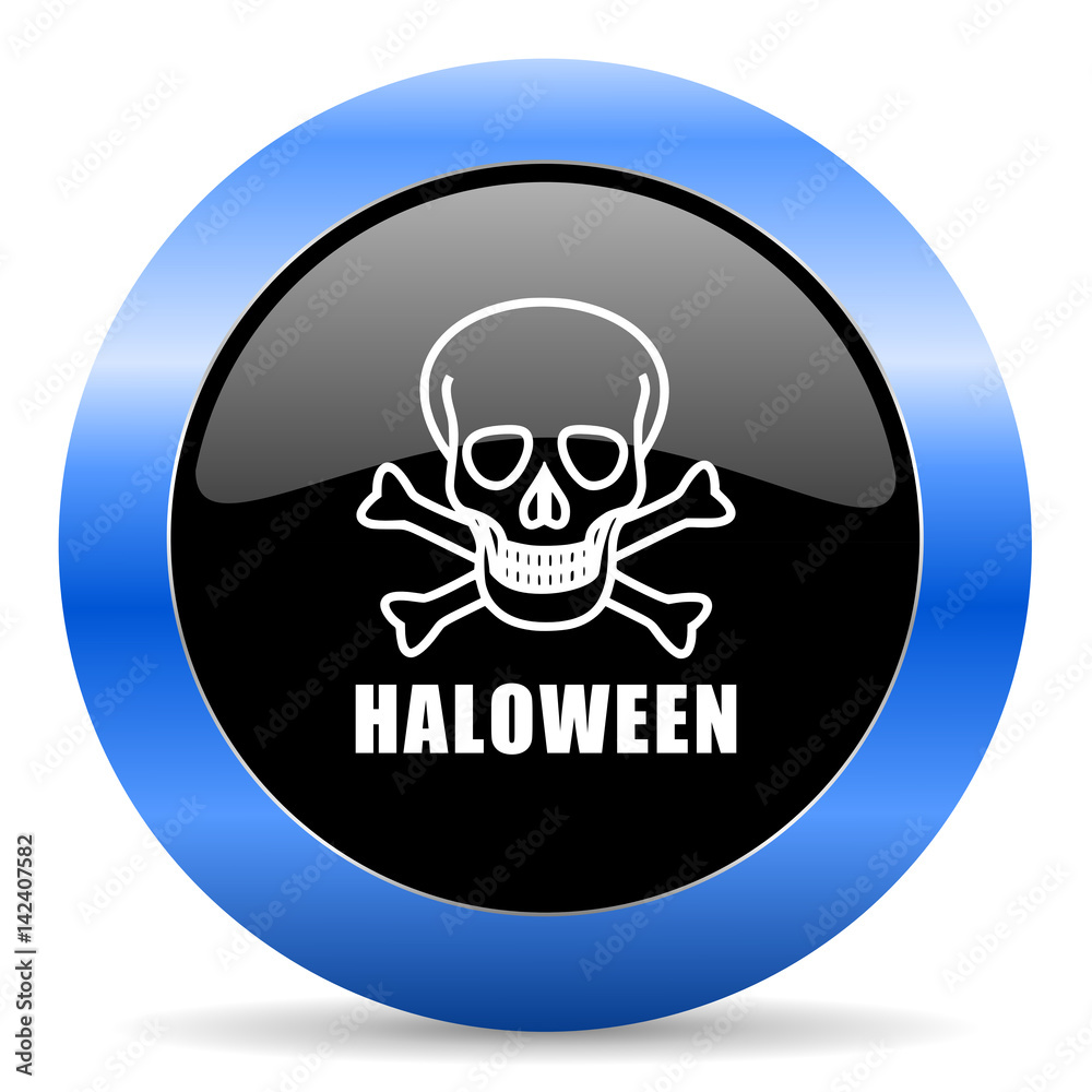 Haloween skull black and blue web design round internet icon with shadow on white background.