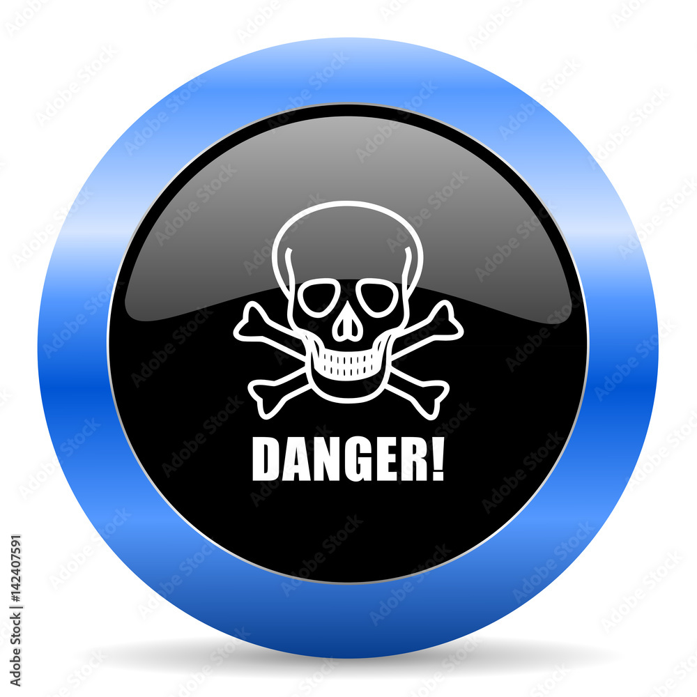 Danger skull black and blue web design round internet icon with shadow on white background. Danger skull black and blue web design round internet icon with shadow on white background.