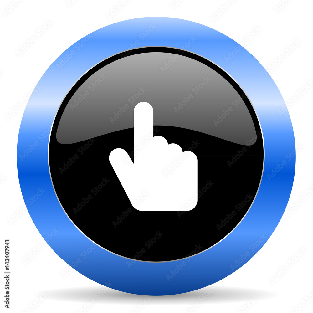 Hand, cursor black and blue web design round internet icon with shadow on white background. Hand, cursor black and blue web design round internet icon with shadow on white background.