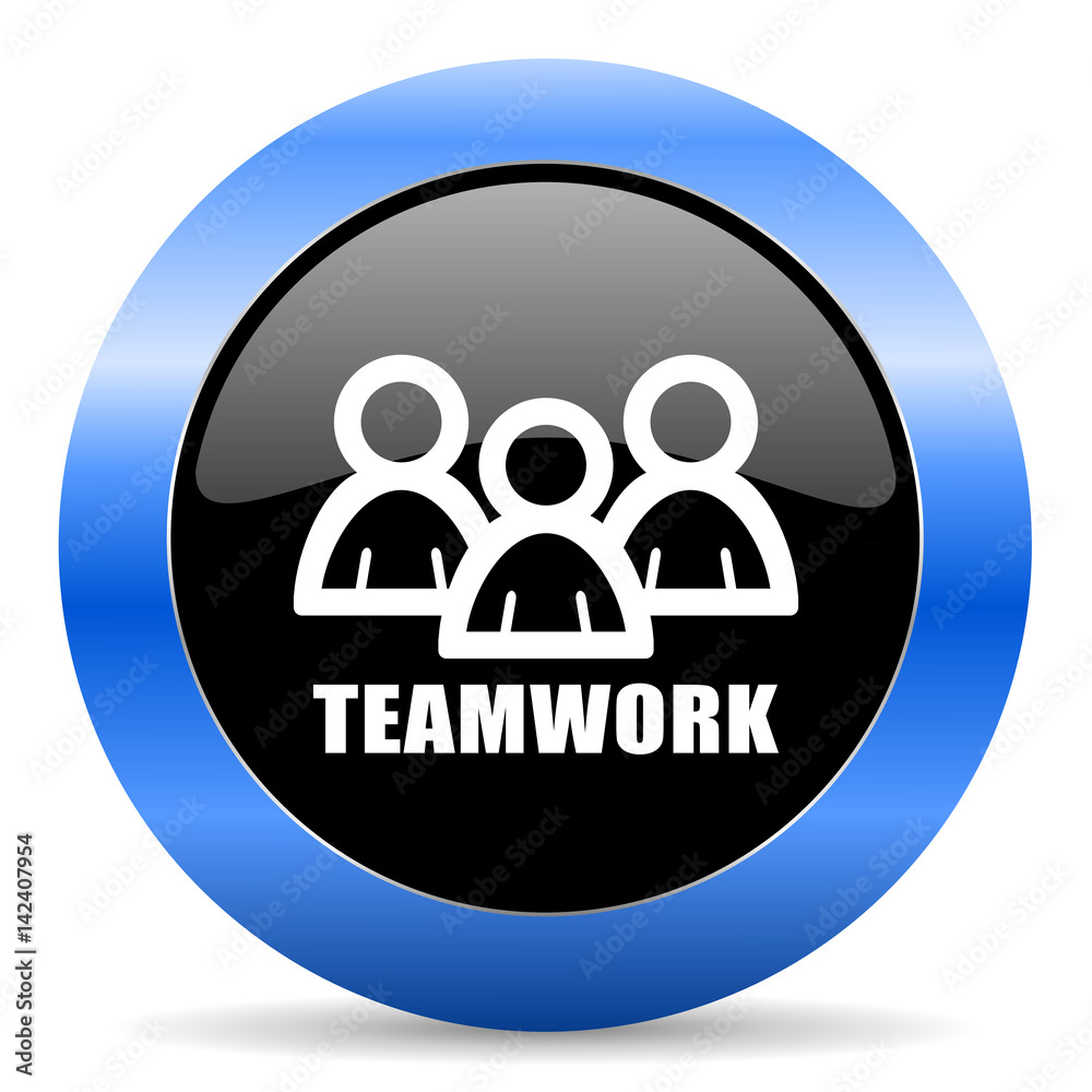 Teamwork black and blue web design round internet icon with shadow on white background. Teamwork black and blue web design round internet icon with shadow on white background.
