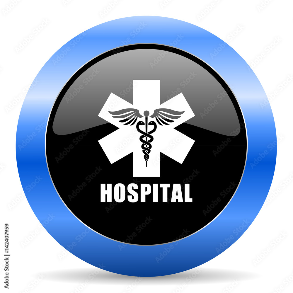Hospital black and blue web design round internet icon with shadow on white background. Hospital black and blue web design round internet icon with shadow on white background.