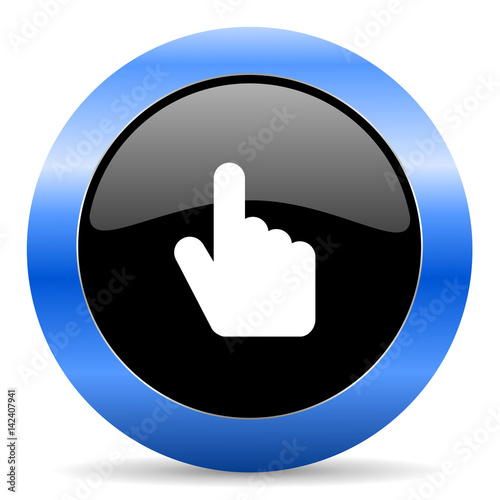 Hand, cursor black and blue web design round internet icon with shadow on white background.