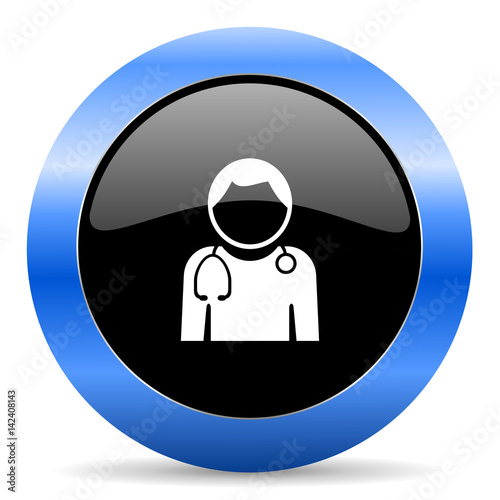 Doctor black and blue web design round internet icon with shadow on white background.