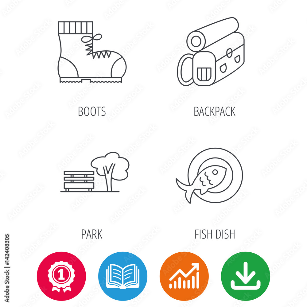 Park, backpack and hiking boots icons. Fish dish linear sign. Award medal, growth chart and opened book web icons. Download arrow. Vector Park, backpack and hiking boots icons. Fish dish linear sign. Award medal, growth chart and opened book web icons. Download arrow. Vector