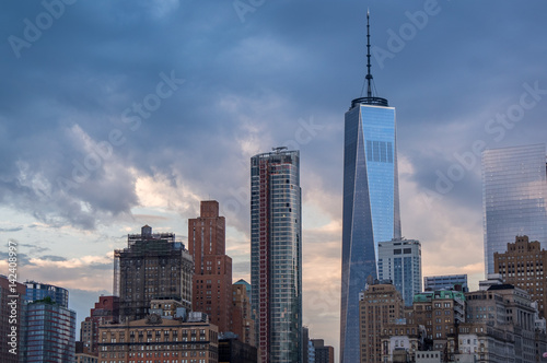 Sunset at Lower Manhattan and 1 World Trade Center  New York City  USA