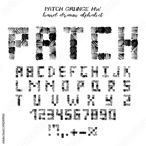 Hand drawn alphabet, written grunge font with symbols in style of patches: stylized black capital letters, numbers and punctuation. Vector illustration
