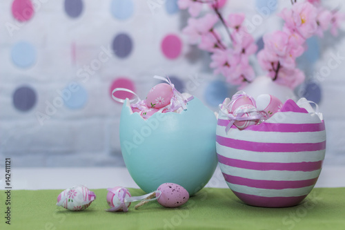 Happy Easter. Two big colorful eggs. Horizontal shot © Olga