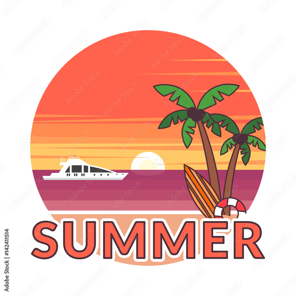 Sticker in modern flat design. The sun going down over the horizon is sunset. Summer background - sunset beach. Sea, yacht and a palm tree. Vector illustration.