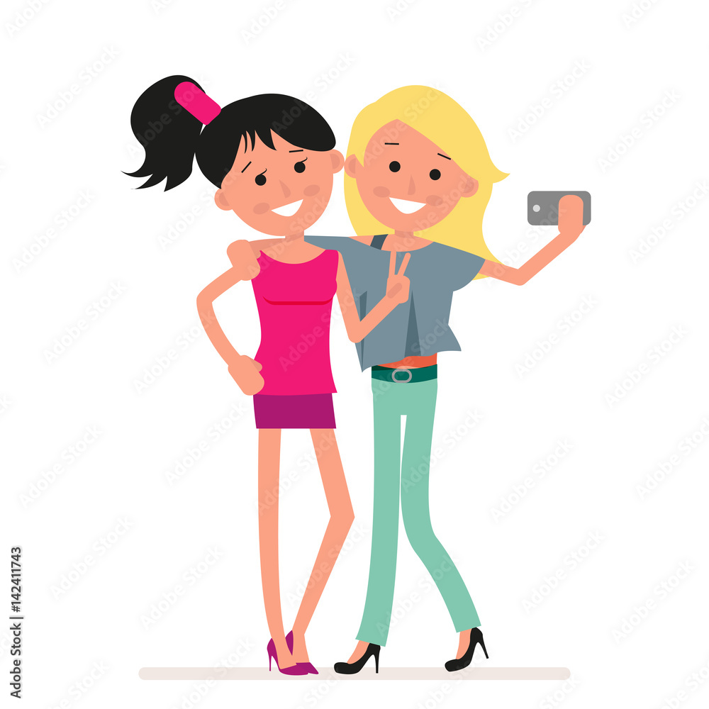 Happy smiling young women best friends taking selfie photo. Flat character isolated on white background. Happy smiling young women best friends taking selfie photo. Flat character isolated on white background.