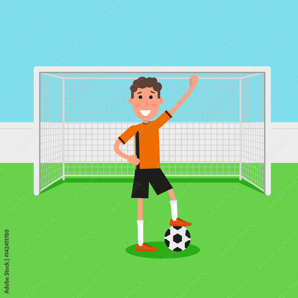 Fototapeta premium Soccer goalkeeper keeping goal on arena, Athlete with a soccer ball. Flat character in cartoon style. Vector illustration.