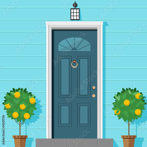 Closed front door with a lantern and ornamental plants in a pot. Vector illustration in flat style.
