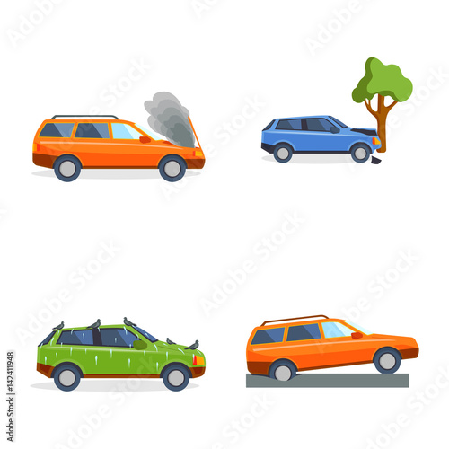 Car crash collision traffic insurance safety automobile emergency disaster and emergency disaster speed repair transport vector illustration.