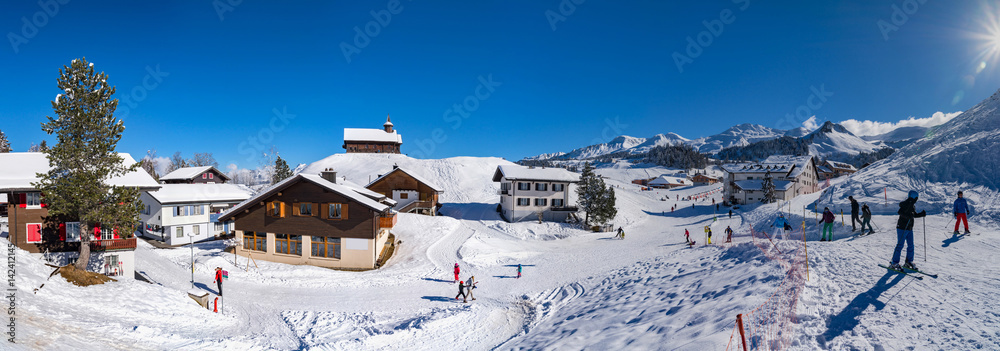 Ski resort Stoss Fronalpstock. Switzerland. Wide-angle HD-quality panoramic view.