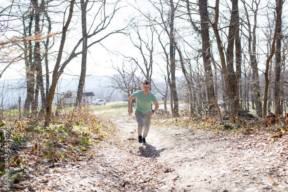Fototapeta premium Young man jogging in forest