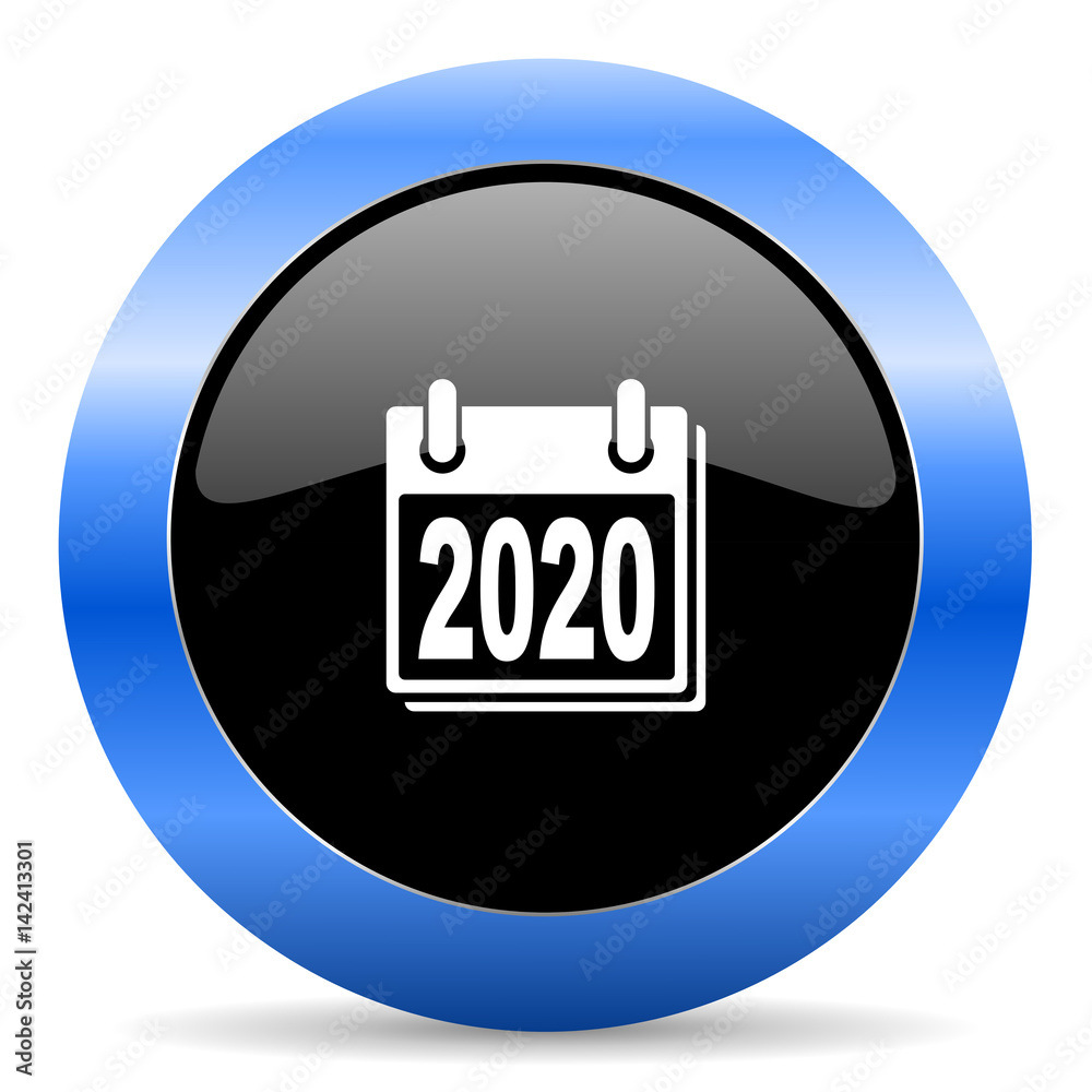 New year 2020 black and blue web design round internet icon with shadow on white background. New year 2020 black and blue web design round internet icon with shadow on white background.