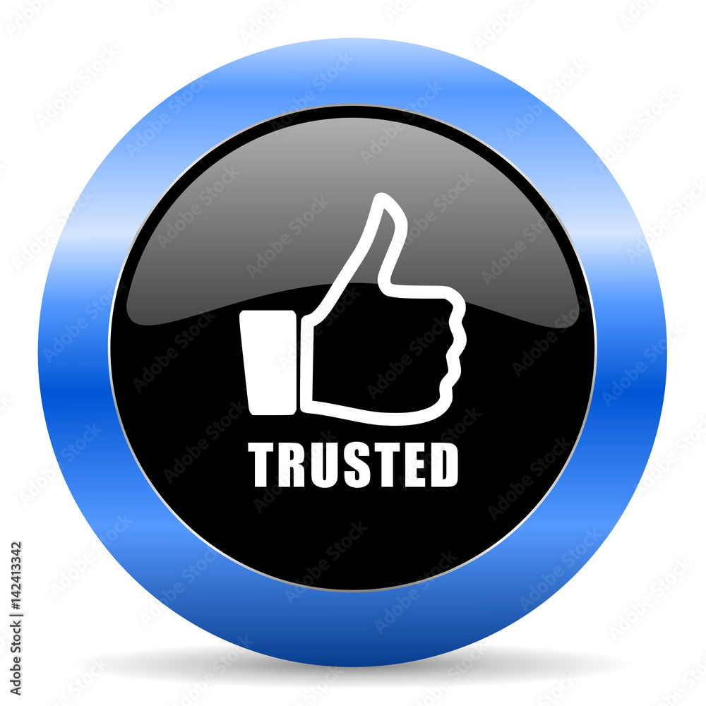 Trusted black and blue web design round internet icon with shadow on white background. Trusted black and blue web design round internet icon with shadow on white background.