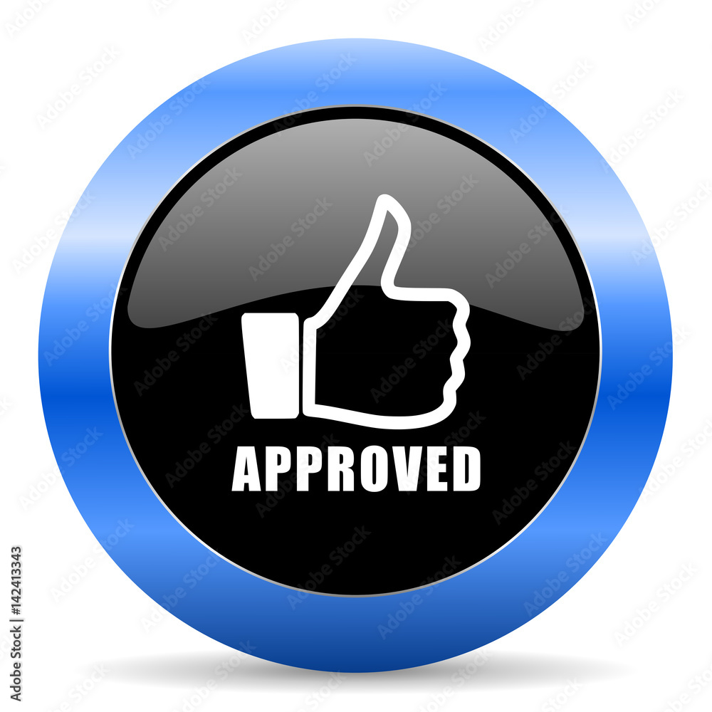 Approved black and blue web design round internet icon with shadow on white background. Approved black and blue web design round internet icon with shadow on white background.