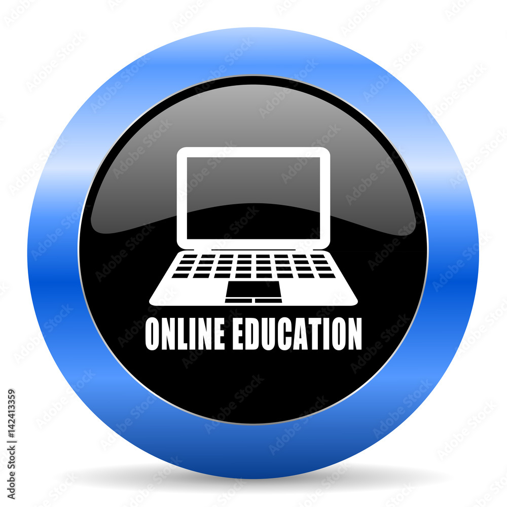 Online education black and blue web design round internet icon with shadow on white background. Online education black and blue web design round internet icon with shadow on white background.