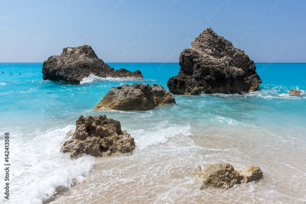 Amazing landskape of blue waters of Megali Petra Beach, Lefkada, Ionian Islands, Greece