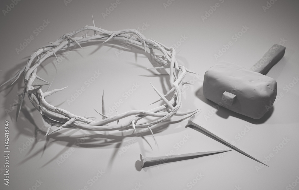 Crucifixion Of Jesus Christ - Cross With Hammer Nails And Crown Of Thorns 3D Rendering White Background