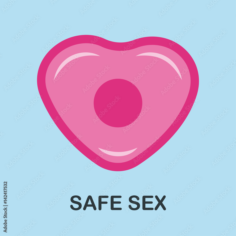 Safe sex Vector illustration Icon of pink condom in the heart shape on a light blue background with the inscription Safe sex Flat design Safe sex Vector illustration Icon of pink condom in the heart shape on a light blue background with the inscription Safe sex Flat design