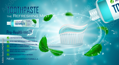 Toothpaste ads, refreshing mint. Toothpaste on toothbrush, splashing aqua, water drops, mint leaves. Drawn elements, 3d vector illustration, cosmetics product, blure, bokeh background,sparkling effect