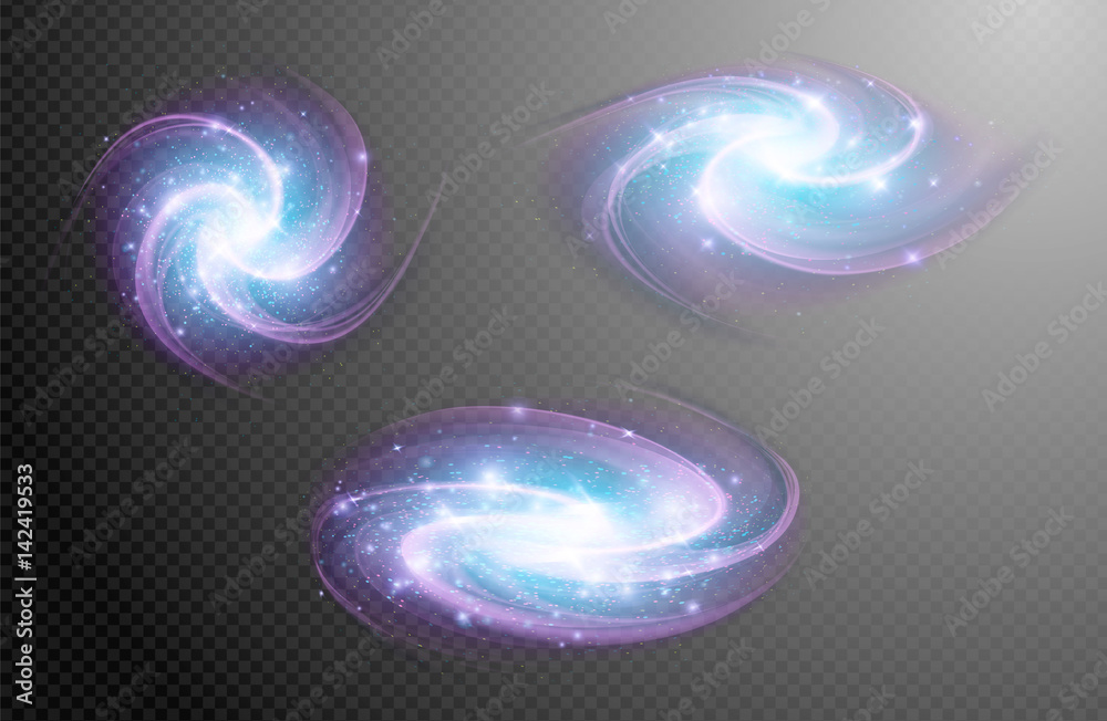 Naklejka premium Abstract, barred, spiral galaxy, outer space, isolated on transparent background. Gold glittering stars,sparkling dust. Hand drawn elements, vector illustration, separated editable layers.