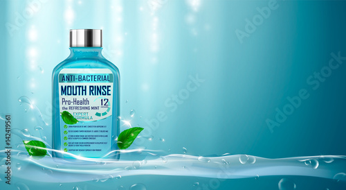 Mouth rinse ads with refreshing mint. Mouthwash, splashing aqua, water drops, mint leaves. Hand drawn elements, 3d vector illustration, cosmetics product, blure and bokeh background, sparkling effect.