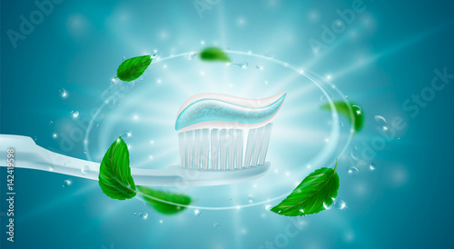 Toothpaste ads, refreshing mint. Toothpaste on toothbrush, splashing aqua, water drops, mint leaves. Drawn elements, 3d vector illustration, cosmetics product, blure, bokeh background,sparkling effect
