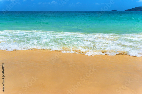 Beautiful tropical beach and sea wave on sandy shore