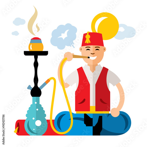 Vector Turkish man with hookah. Flat style colorful Cartoon illustration.