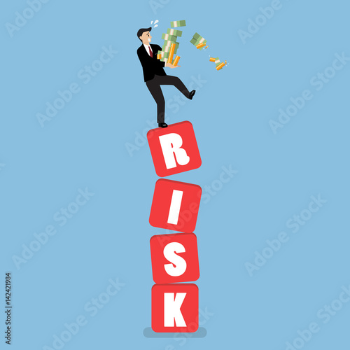 Businessman carrying his money on shaky risk blocks