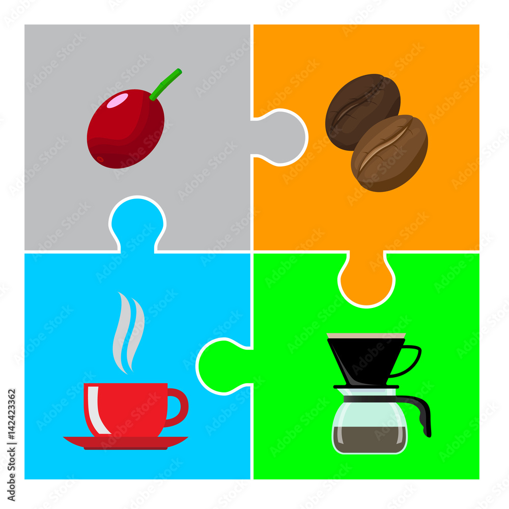 Coffee beans and coffee cup on colorful jigsaw puzzle. Stock Vector | Adobe  Stock