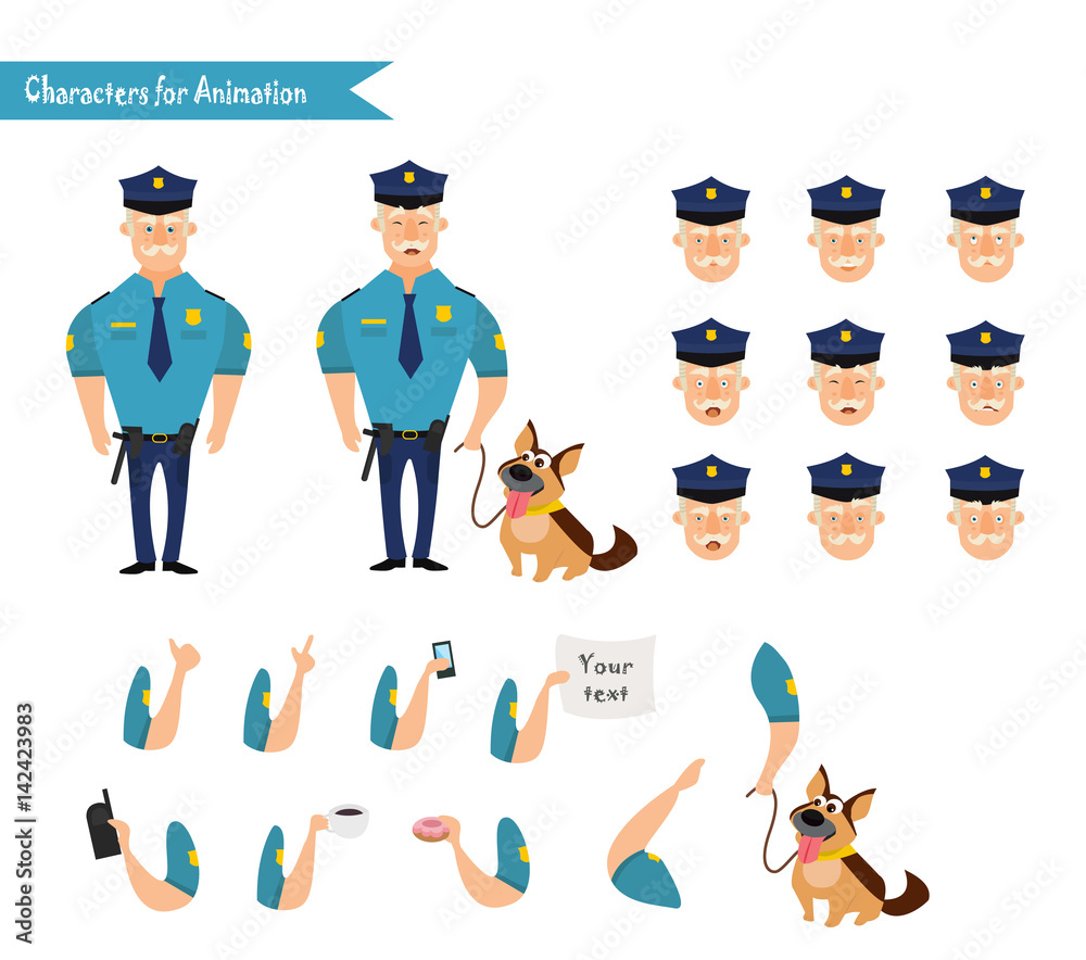 Set of colorful isolated vector policeman at work.