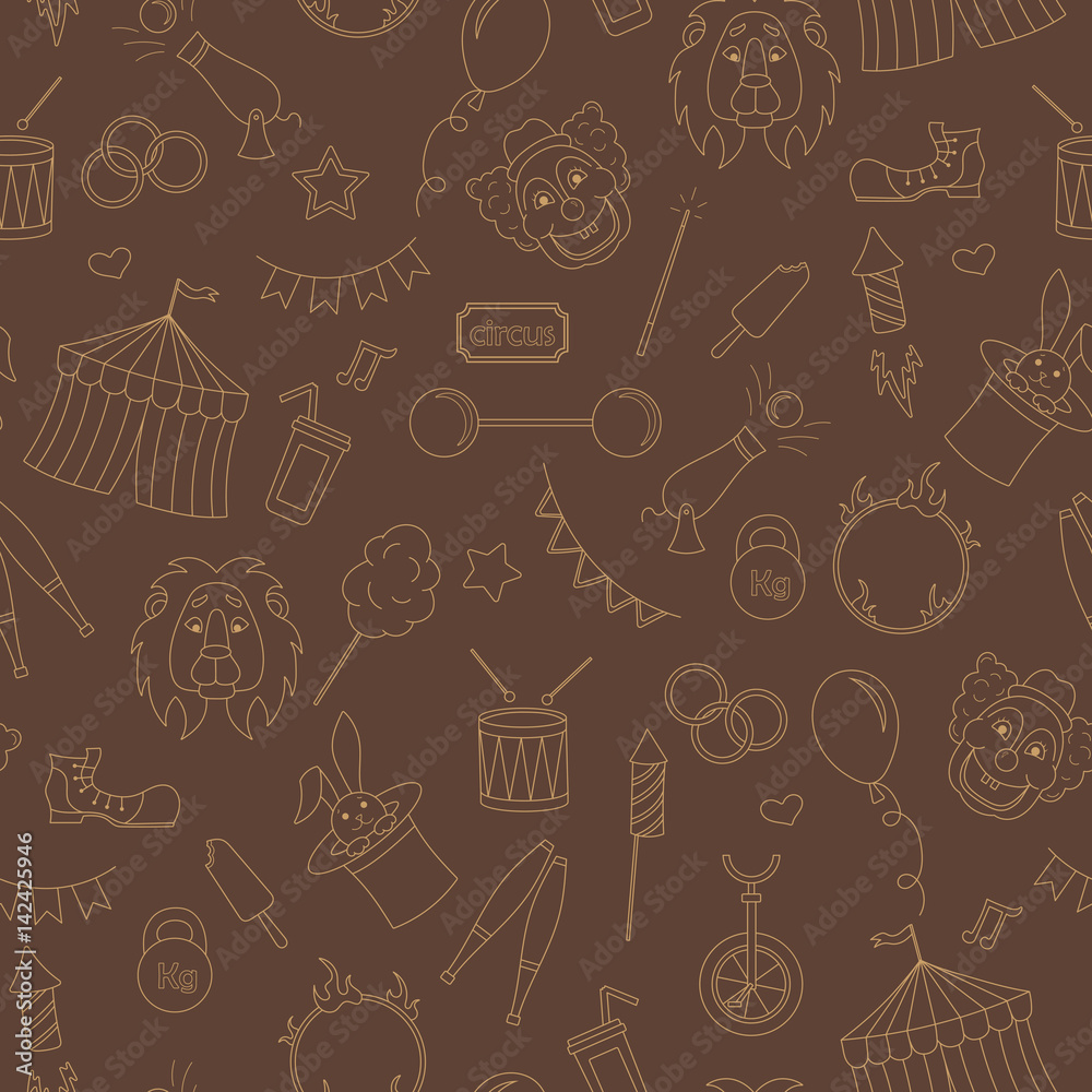 Seamless pattern on the theme of circus, simple contour icons, ,beige contour on brown background