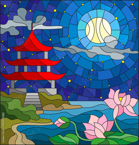 Illustration in stained glass style with Oriental landscape, the Eastern Church with the red roof against the cloudy sky and sun, a river with blossoming Lotus flowers in the foreground