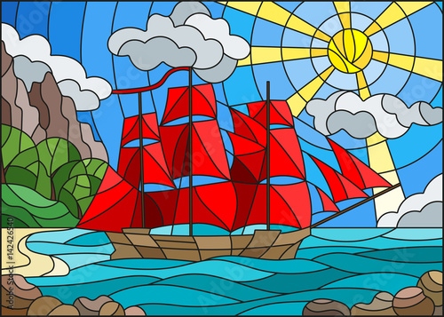 Illustration in stained glass style with sailboats against the sky, the sea and the sunrise