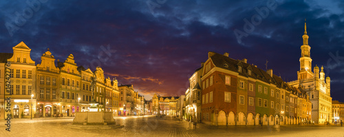 Main square of the old town of Poznan, Poland,Night panorama of old town.