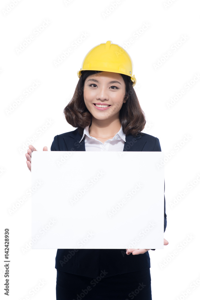 Smiling architect woman hold blank sign board. Isolated portrait. Smiling architect woman hold blank sign board. Isolated portrait.