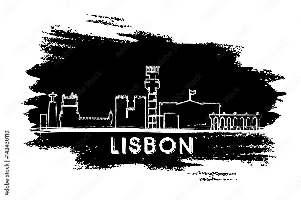 Lisbon Skyline Silhouette. Hand Drawn Sketch.