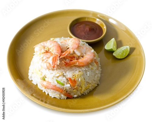 Shrimp Fried Rice with Tomato Sauce on White Background