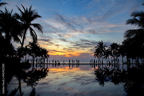 Twilight Silhouette coconut tree near beach pool © Chanawat